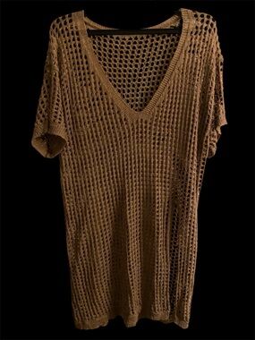 Open-Knit V-Neck Cover-Up in Beautiful Tan Brown Acrylic/Nylon Large stretchy